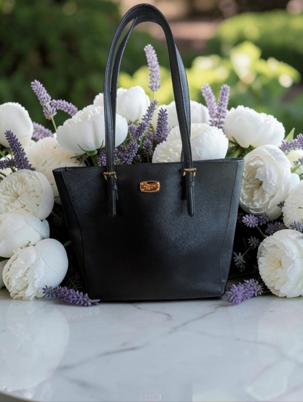 Michael Kors Classic Black Leather Tote with Gold Accent